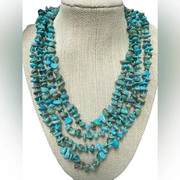 SX 925 Sterling Silver Necklace Turquoise Nugget Hand Knotted Toggle Clasp 82”L